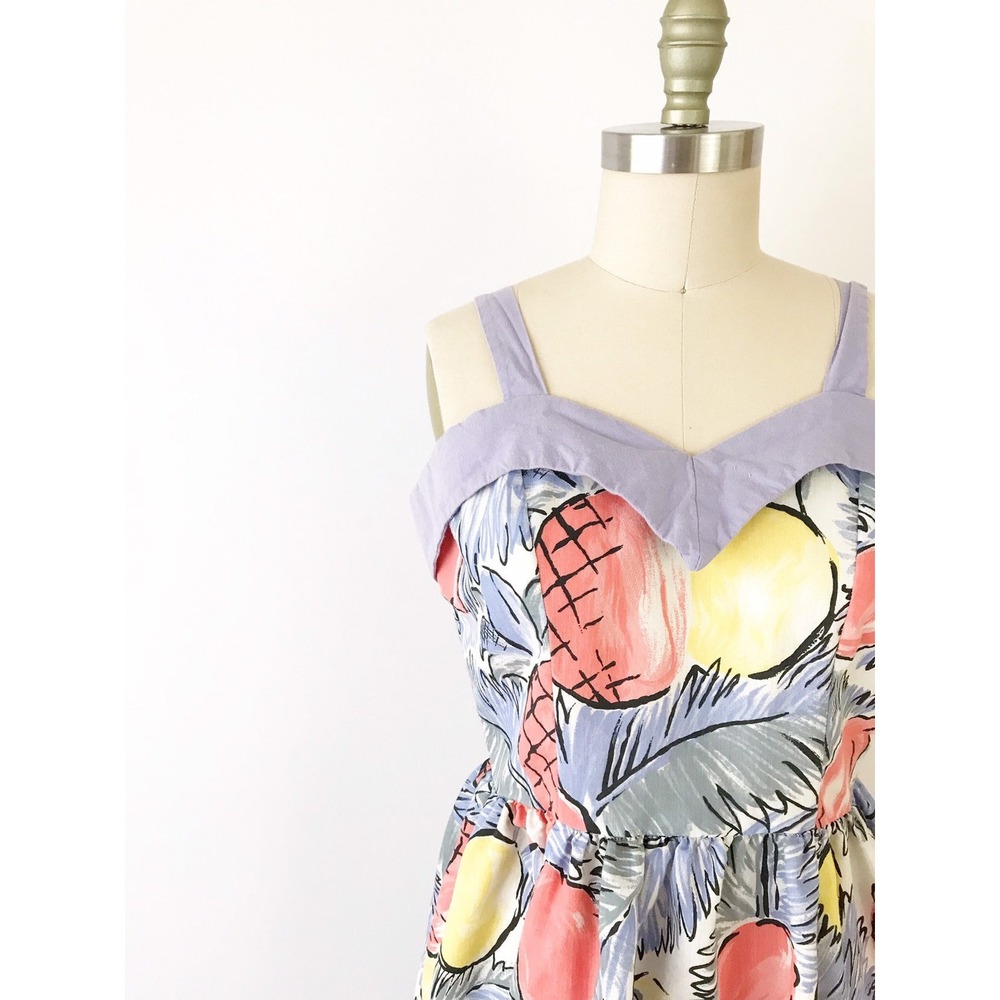Vintage Tropical Fruit Dress Lavender Pineapple Print Rockabilly Fit Flare - Picture 7 of 8